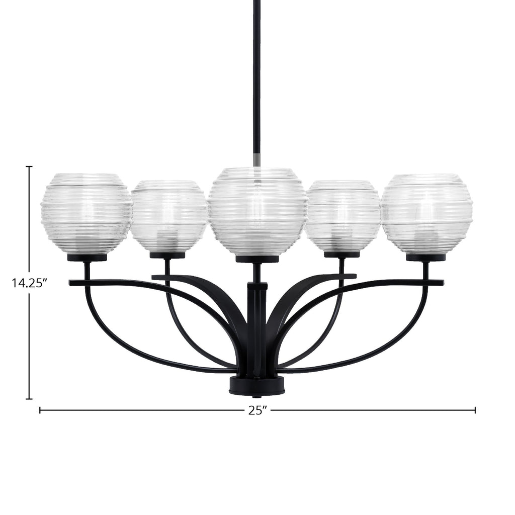 Cavella Five Light Chandelier in Matte Black with 6" Clear Ribbed Shade