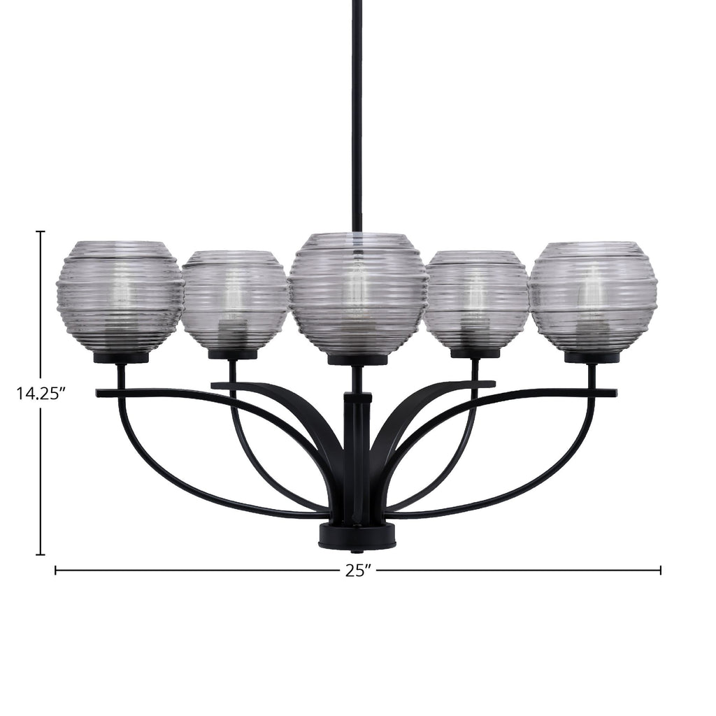 Cavella Five Light Chandelier in Matte Black with 6" Smoke Ribbed Shade