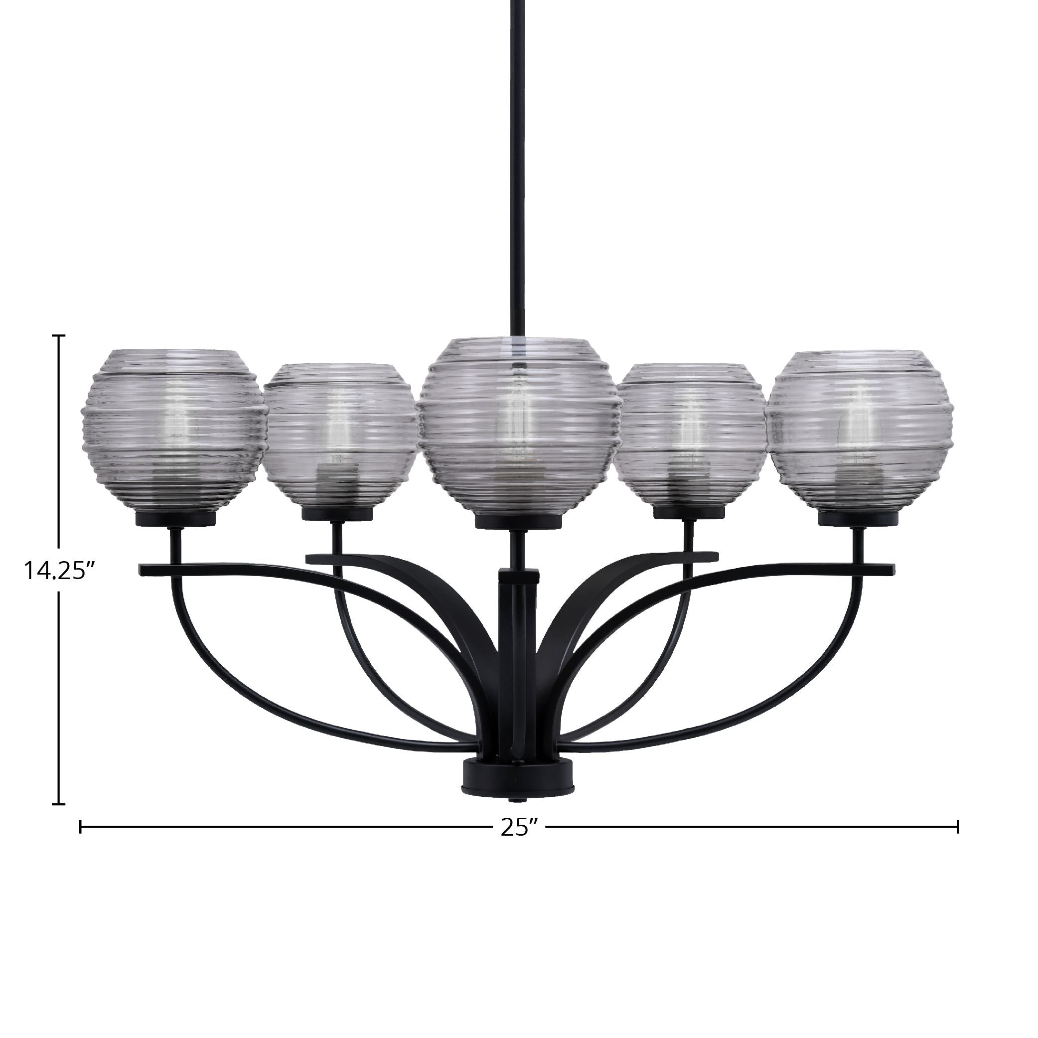Cavella Five Light Chandelier in Matte Black with 6" Smoke Ribbed Shade