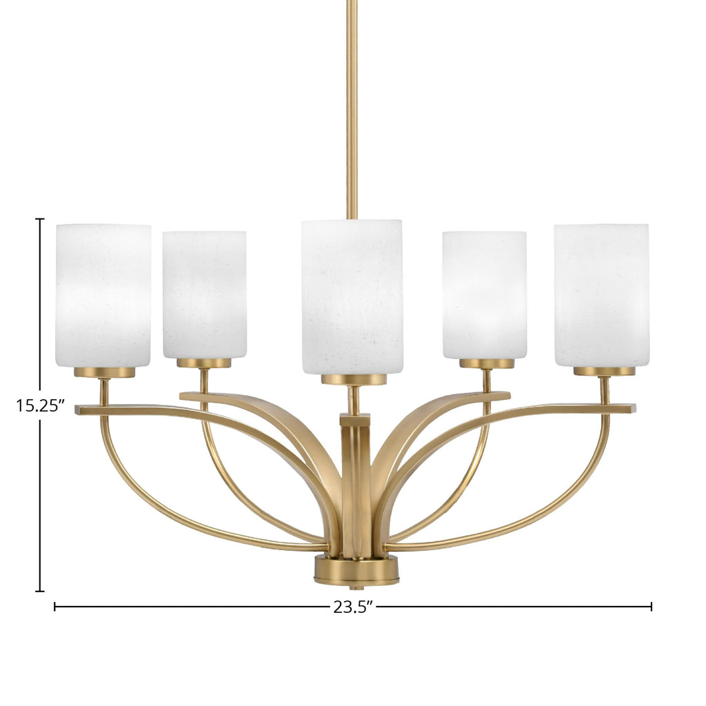 Cavella Five Light Chandelier in New Age Brass with 4" White Muslin Shade