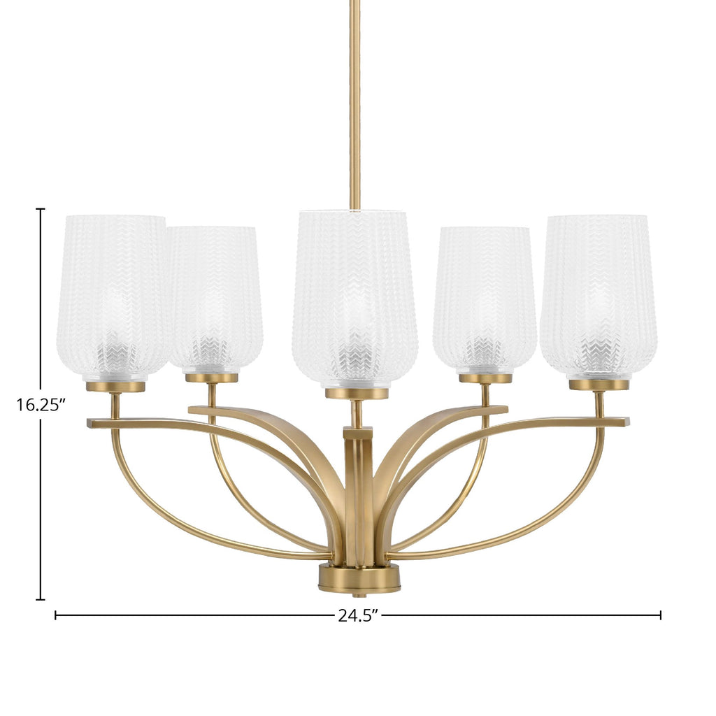 Cavella Five Light Chandelier in New Age Brass with 5" Clear Textured Shade