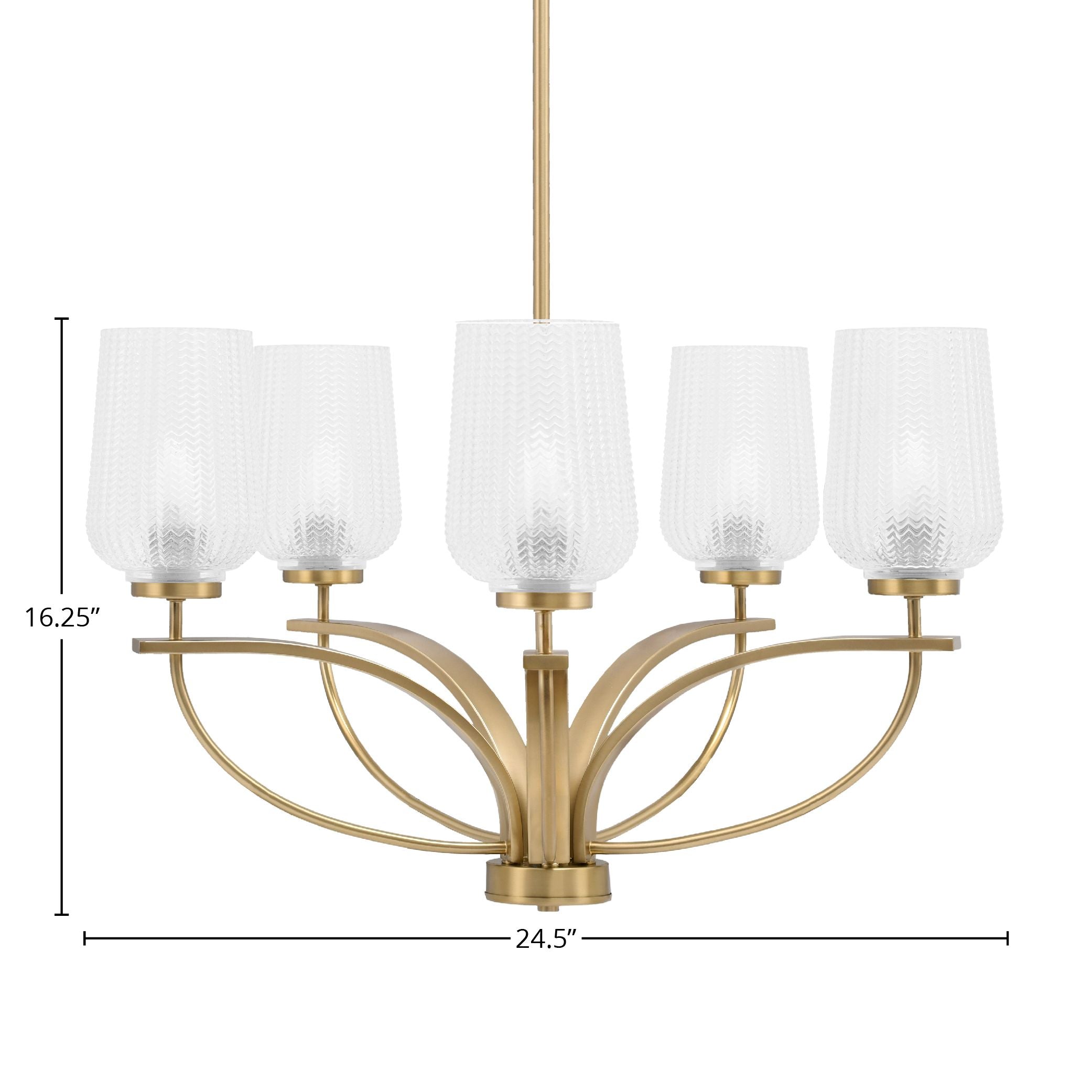 Cavella Five Light Chandelier in New Age Brass with 5" Clear Textured Shade
