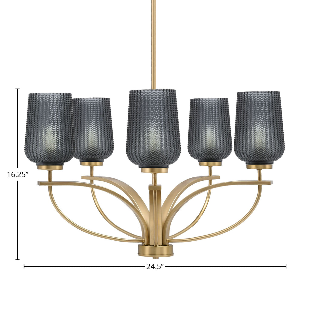 Cavella Five Light Chandelier in New Age Brass with 5" Smoke Textured Shade