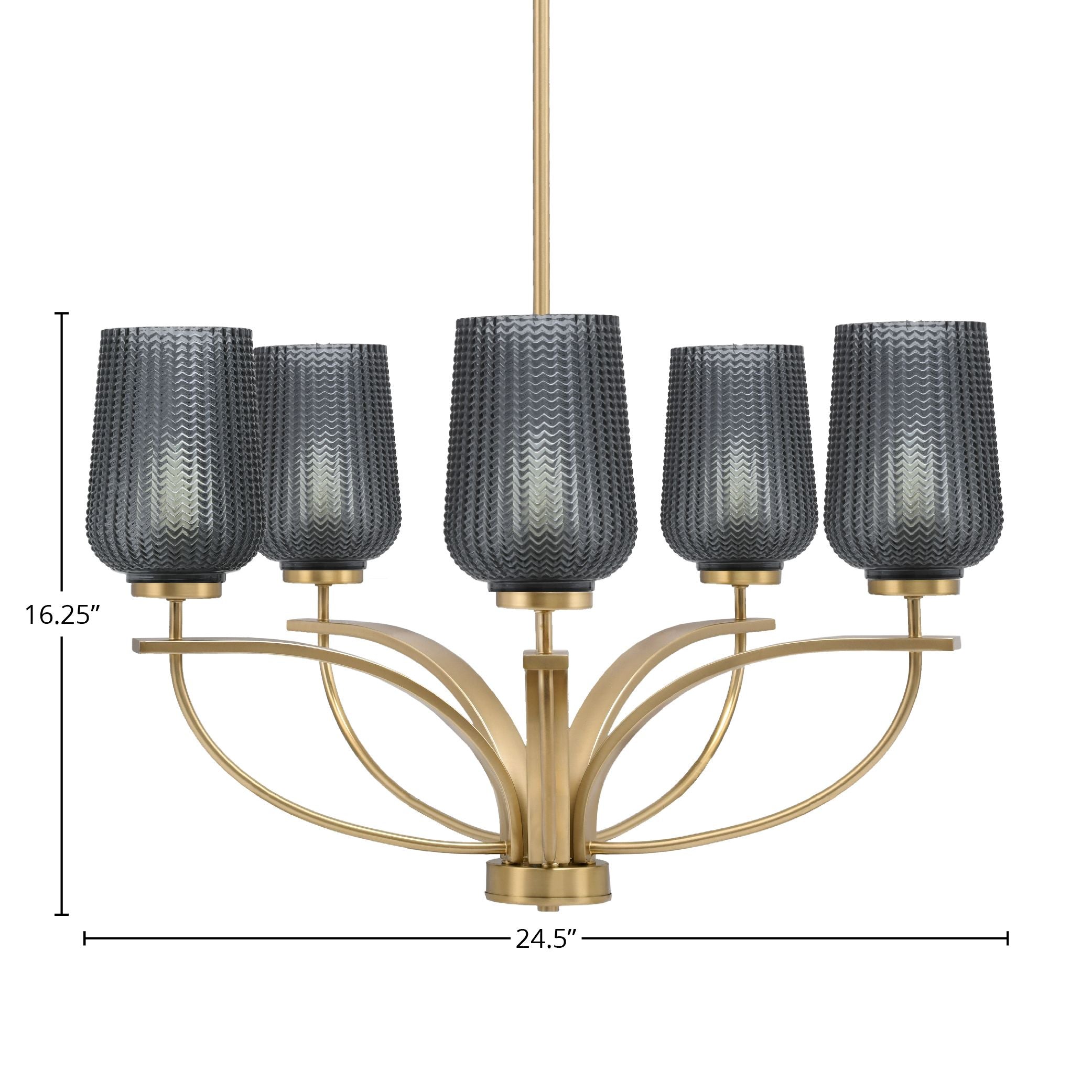 Cavella Five Light Chandelier in New Age Brass with 5" Smoke Textured Shade