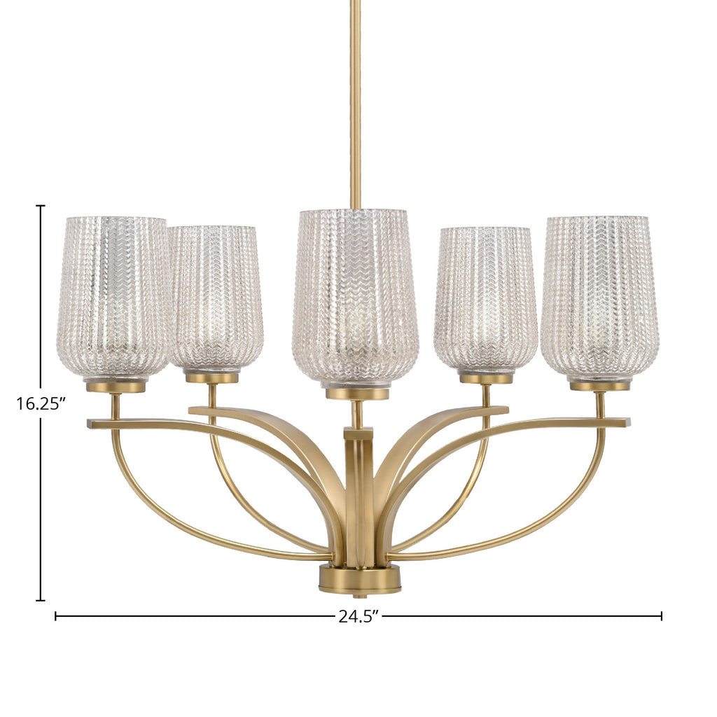 Cavella Five Light Chandelier in New Age Brass with 5" Silver Textured Shade