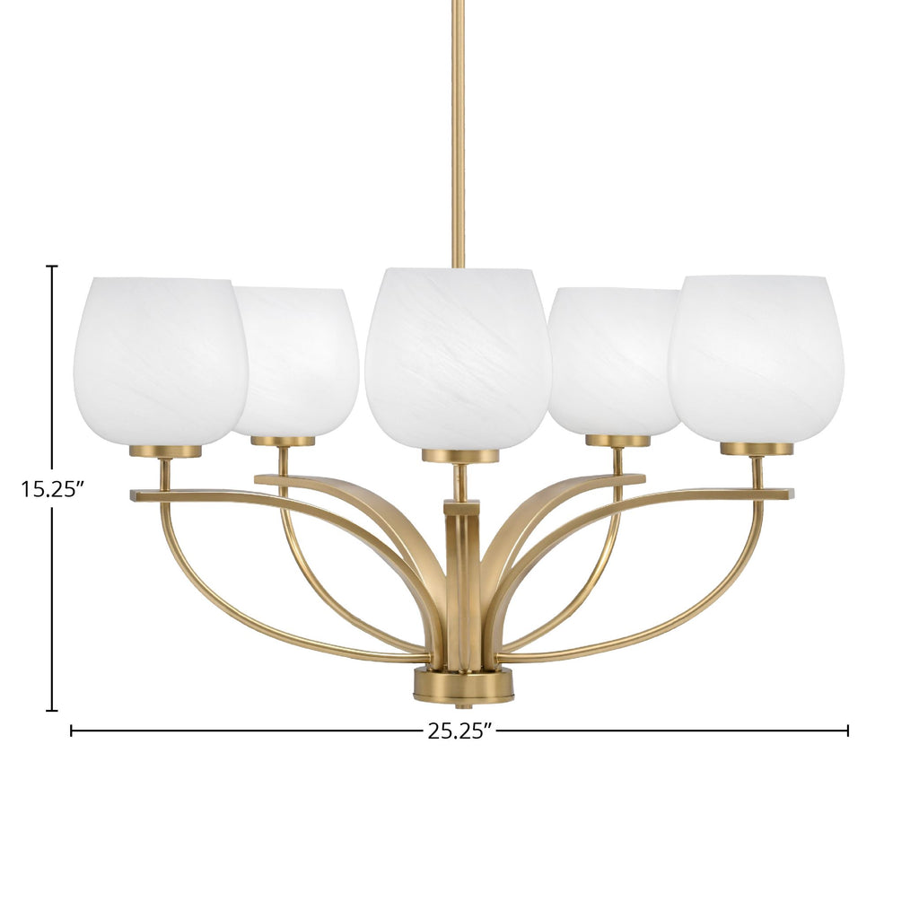 Cavella Five Light Chandelier in New Age Brass with 6" White Marble Shade