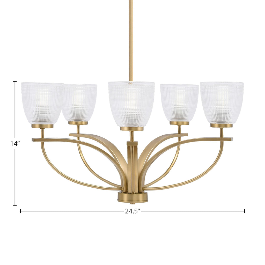 Cavella Five Light Chandelier in New Age Brass with 5" Clear Ribbed Shade