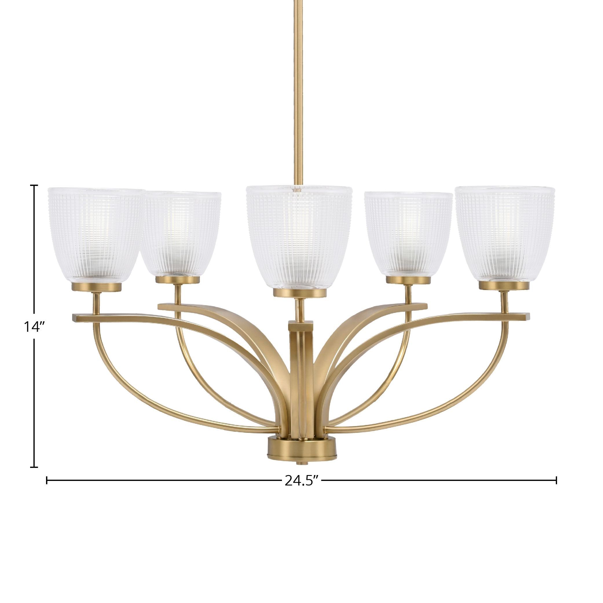 Cavella Five Light Chandelier in New Age Brass with 5" Clear Ribbed Shade