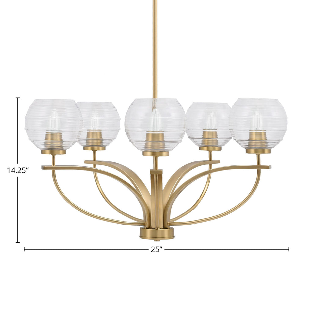 Cavella Five Light Chandelier in New Age Brass with 6" Clear Ribbed Shade