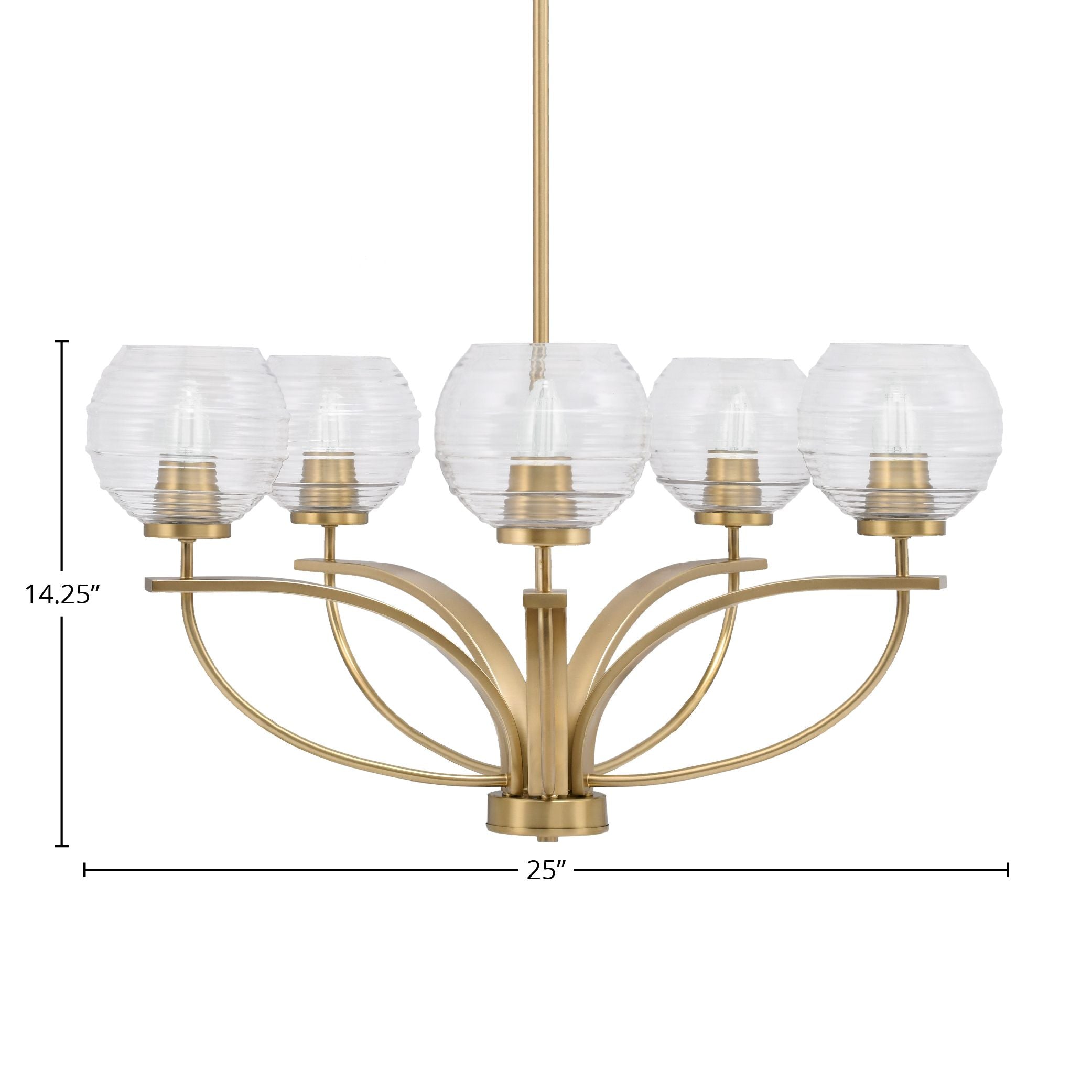 Cavella Five Light Chandelier in New Age Brass with 6" Clear Ribbed Shade
