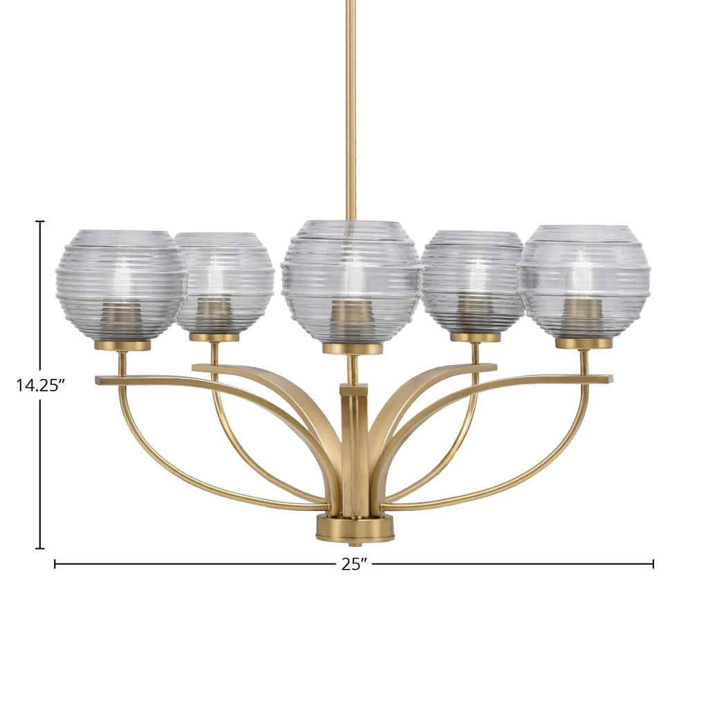 Cavella Five Light Chandelier in New Age Brass with 6" Smoke Ribbed Shade