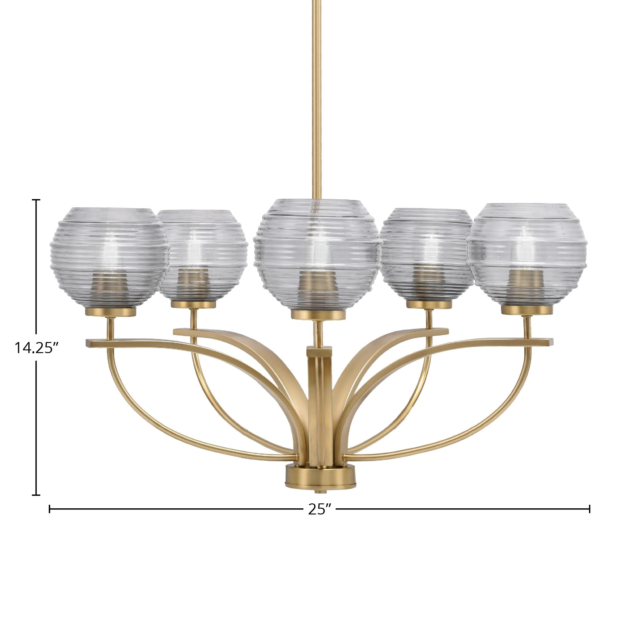 Cavella Five Light Chandelier in New Age Brass with 6" Smoke Ribbed Shade