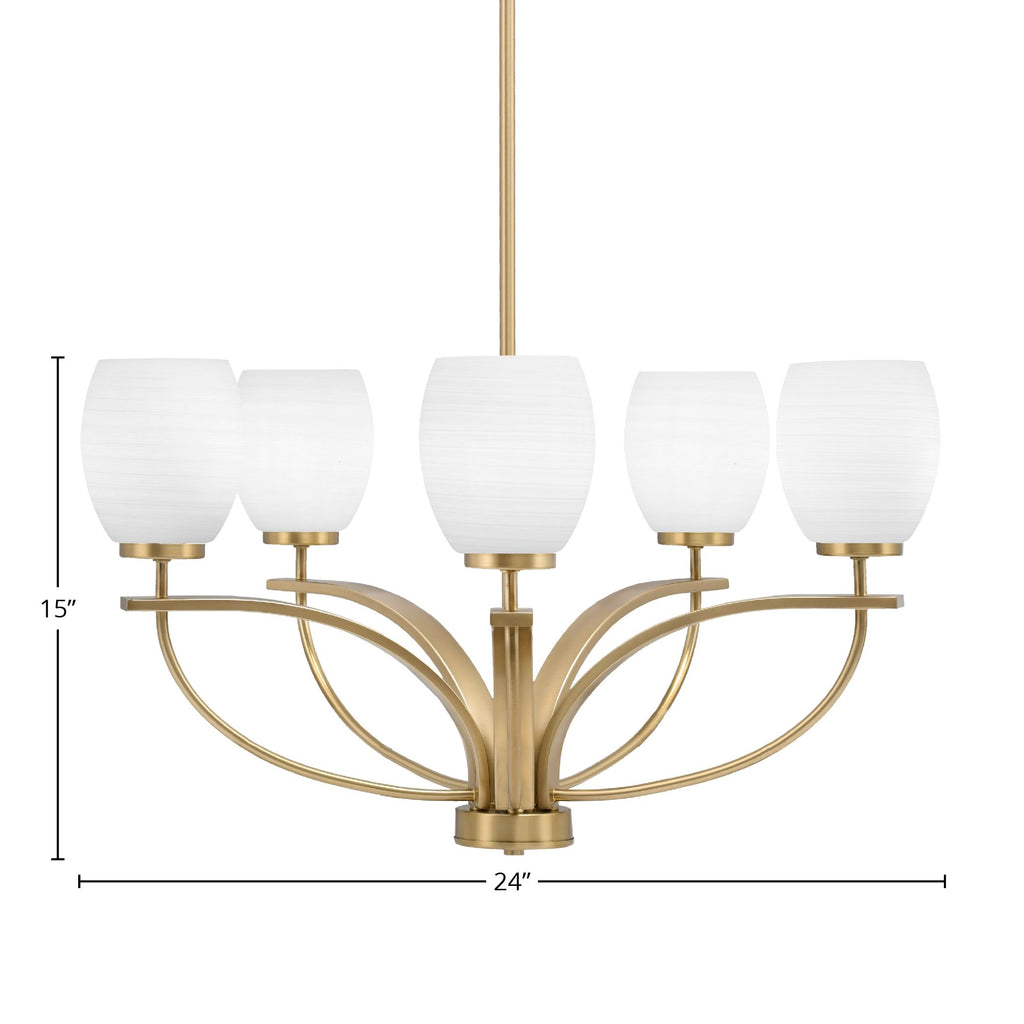 Cavella Five Light Chandelier in New Age Brass with 5" White Linen Shade