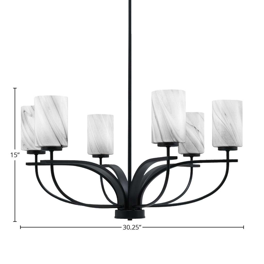 Cavella Six Light Chandelier in Matte Black with 4" Onyx Swirl Shade