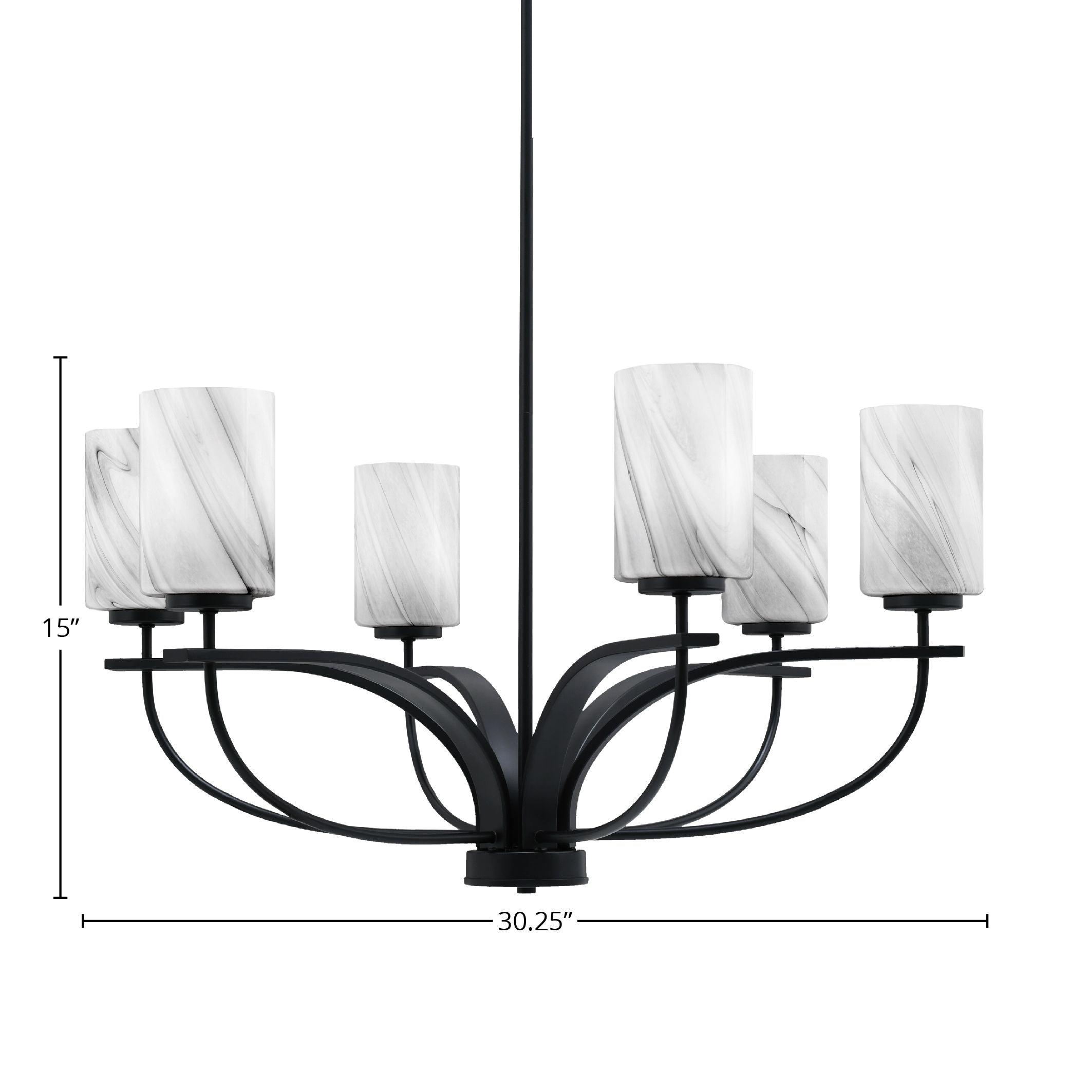 Cavella Six Light Chandelier in Matte Black with 4" Onyx Swirl Shade