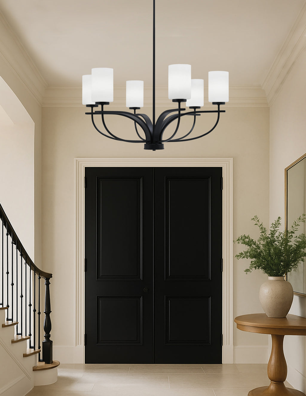 Cavella Six Light Chandelier in Matte Black with 4" White Muslin Shade