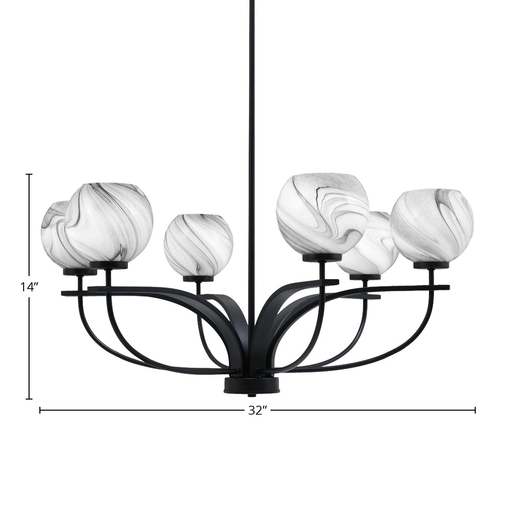 Cavella Six Light Chandelier in Matte Black with 5.75" Onyx Swirl Shade