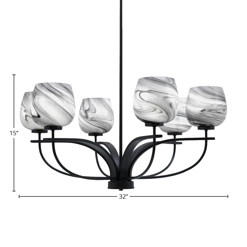 Cavella Six Light Chandelier in Matte Black with 6" Onyx Swirl Shade