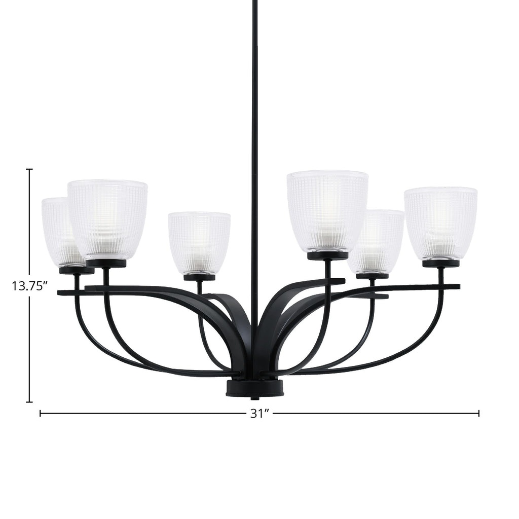 Cavella Six Light Chandelier in Matte Black with 5" Clear Ribbed Shade