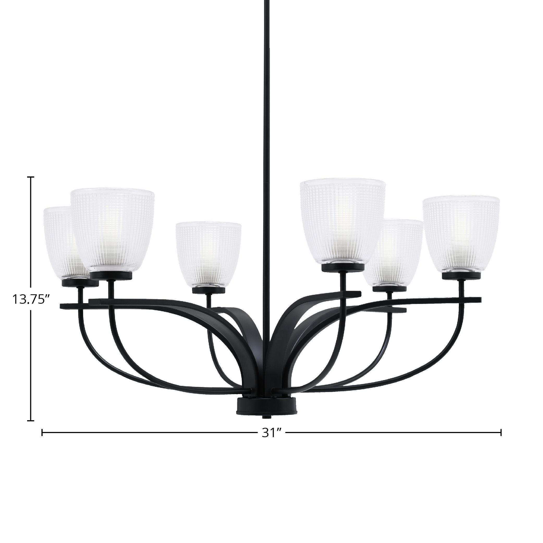Cavella Six Light Chandelier in Matte Black with 5" Clear Ribbed Shade