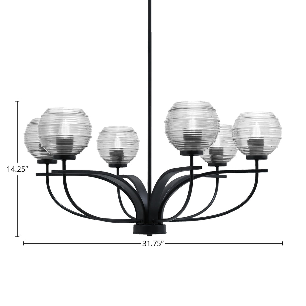 Cavella Six Light Chandelier in Matte Black with 6" Clear Ribbed Shade