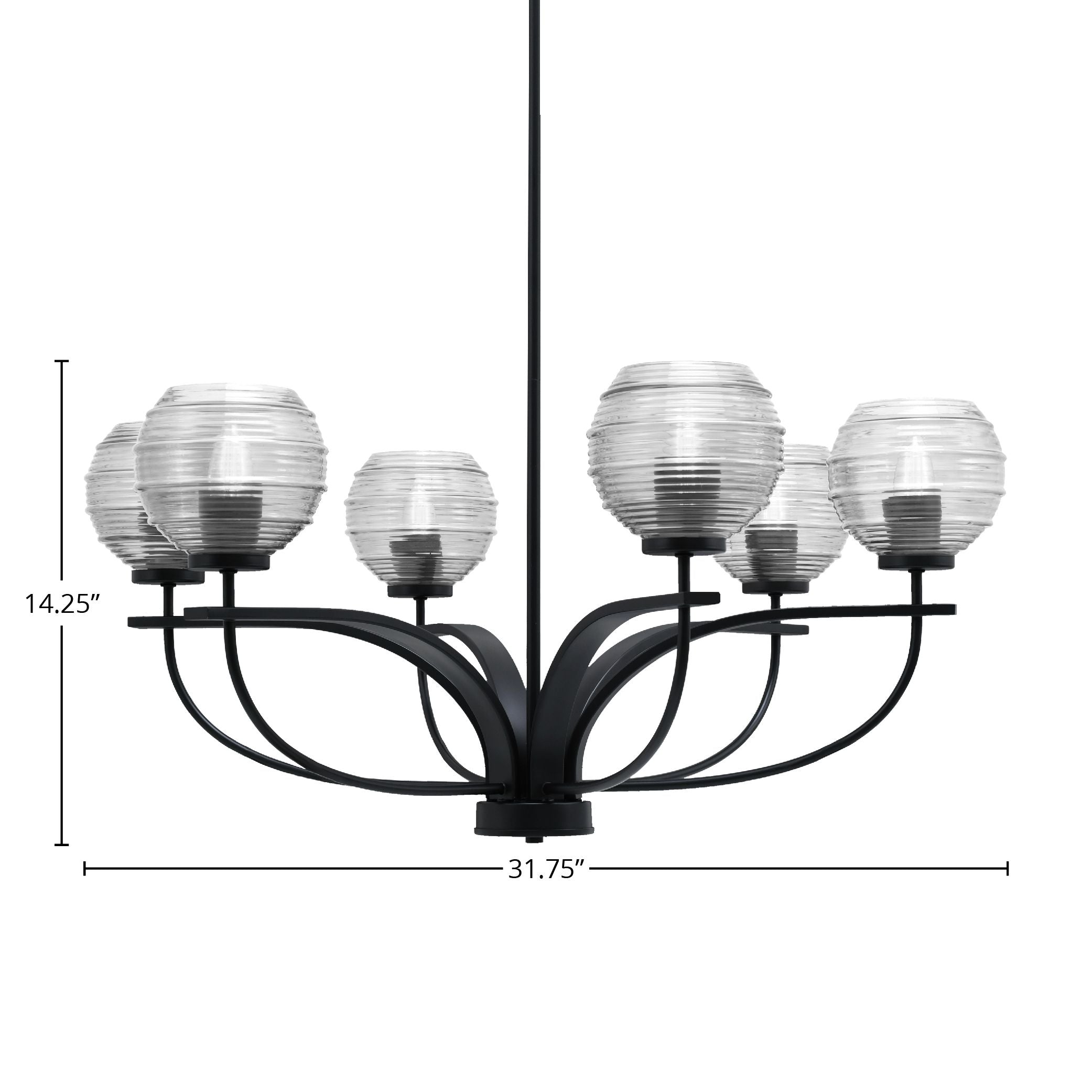 Cavella Six Light Chandelier in Matte Black with 6" Clear Ribbed Shade