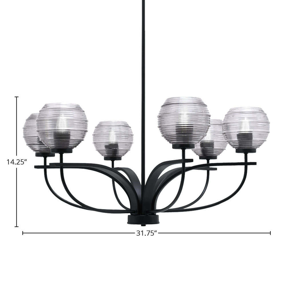 Cavella Six Light Chandelier in Matte Black with 6" Smoke Ribbed Shade
