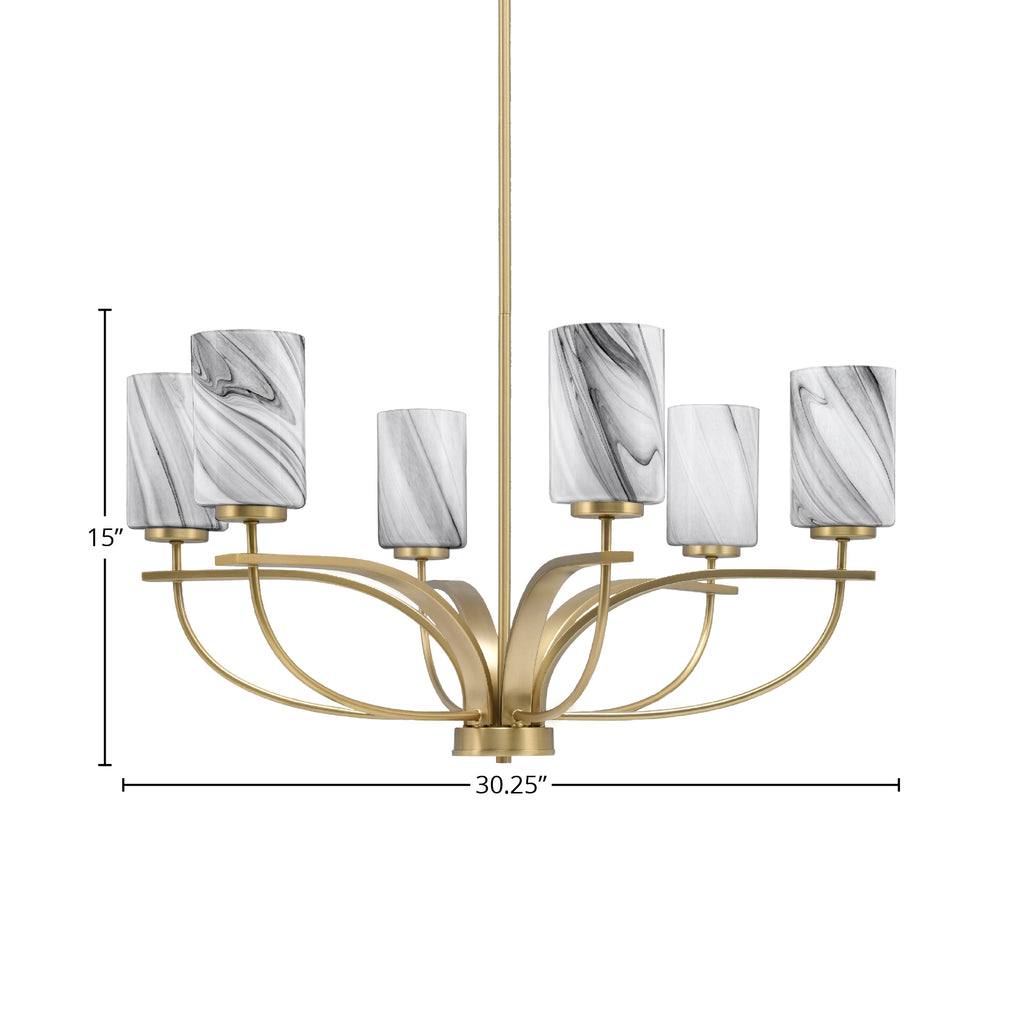 Cavella Six Light Chandelier in New Age Brass with 4" Onyx Swirl Shade