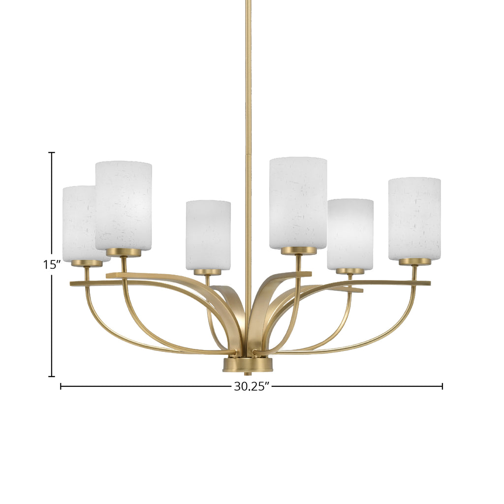Cavella Six Light Chandelier in New Age Brass with 4" White Muslin Shade
