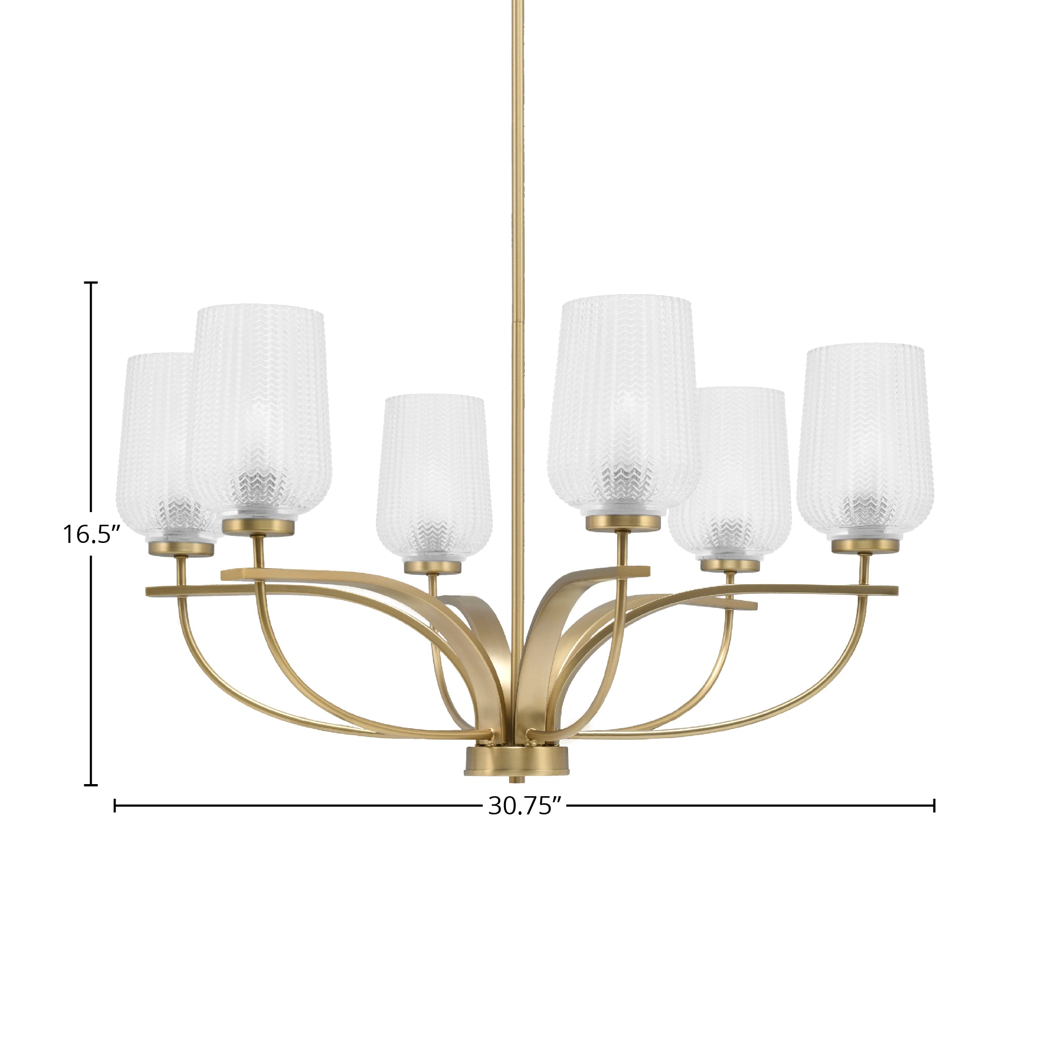 Cavella Six Light Chandelier in New Age Brass with 5" Clear Textured Shade