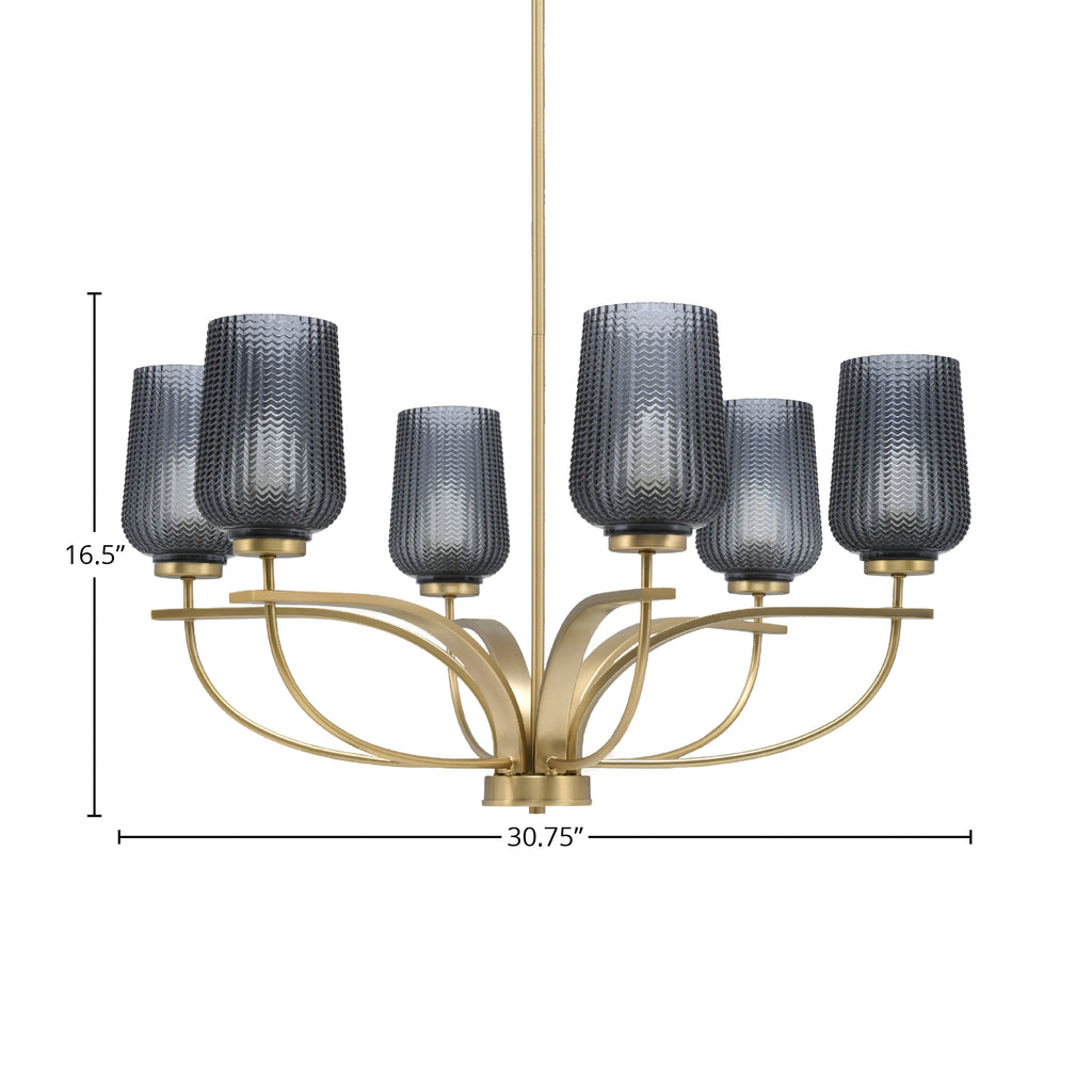 Cavella Six Light Chandelier in New Age Brass with 5" Smoke Textured Shade