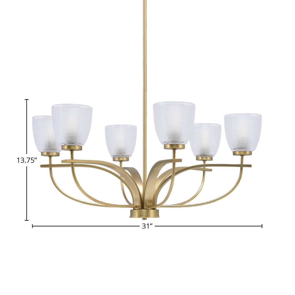 Cavella Six Light Chandelier in New Age Brass with 5" Clear Ribbed Shade
