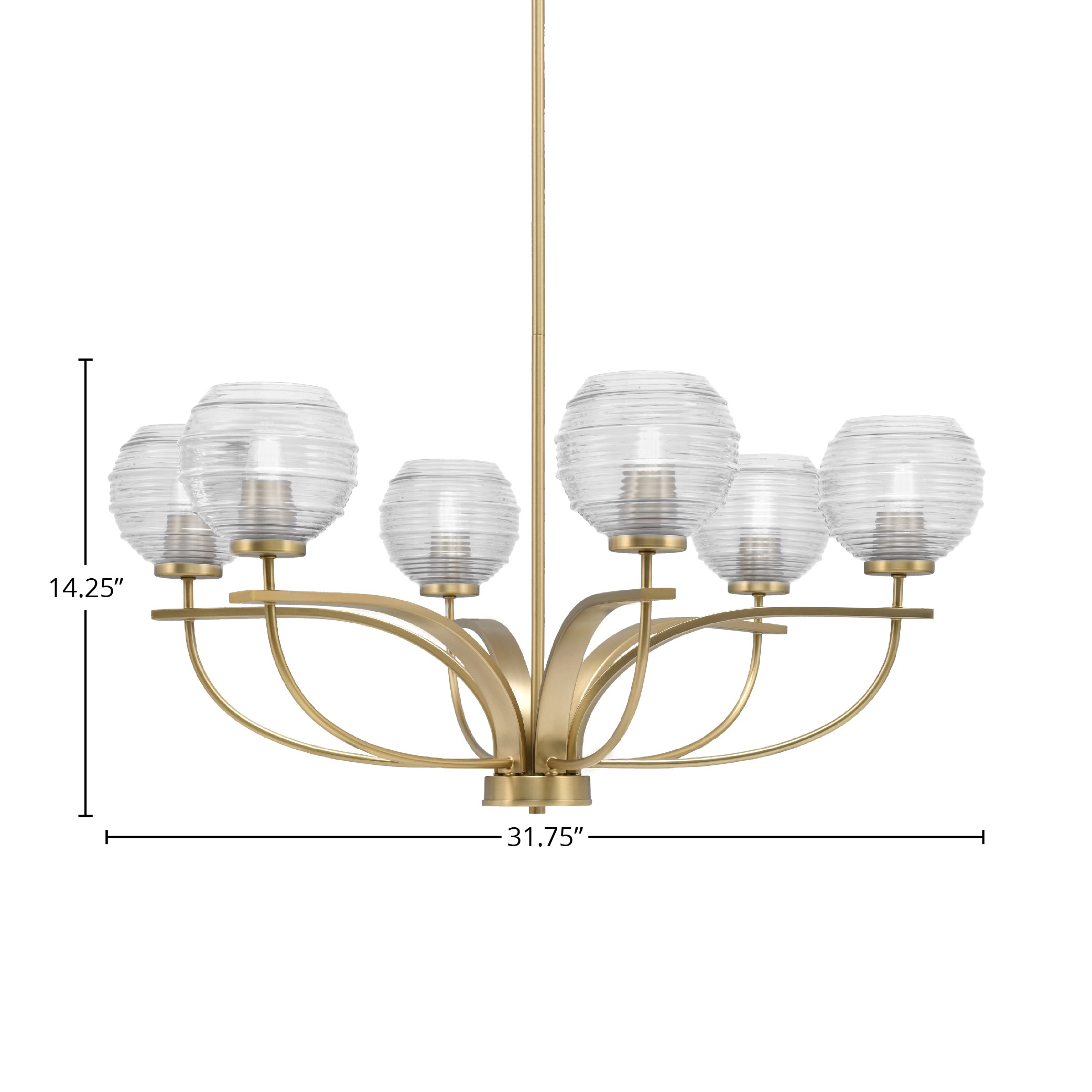 Cavella Six Light Chandelier in New Age Brass with 6" Clear Ribbed Shade