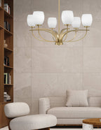 Cavella Six Light Chandelier in New Age Brass with 5" White Linen Shade