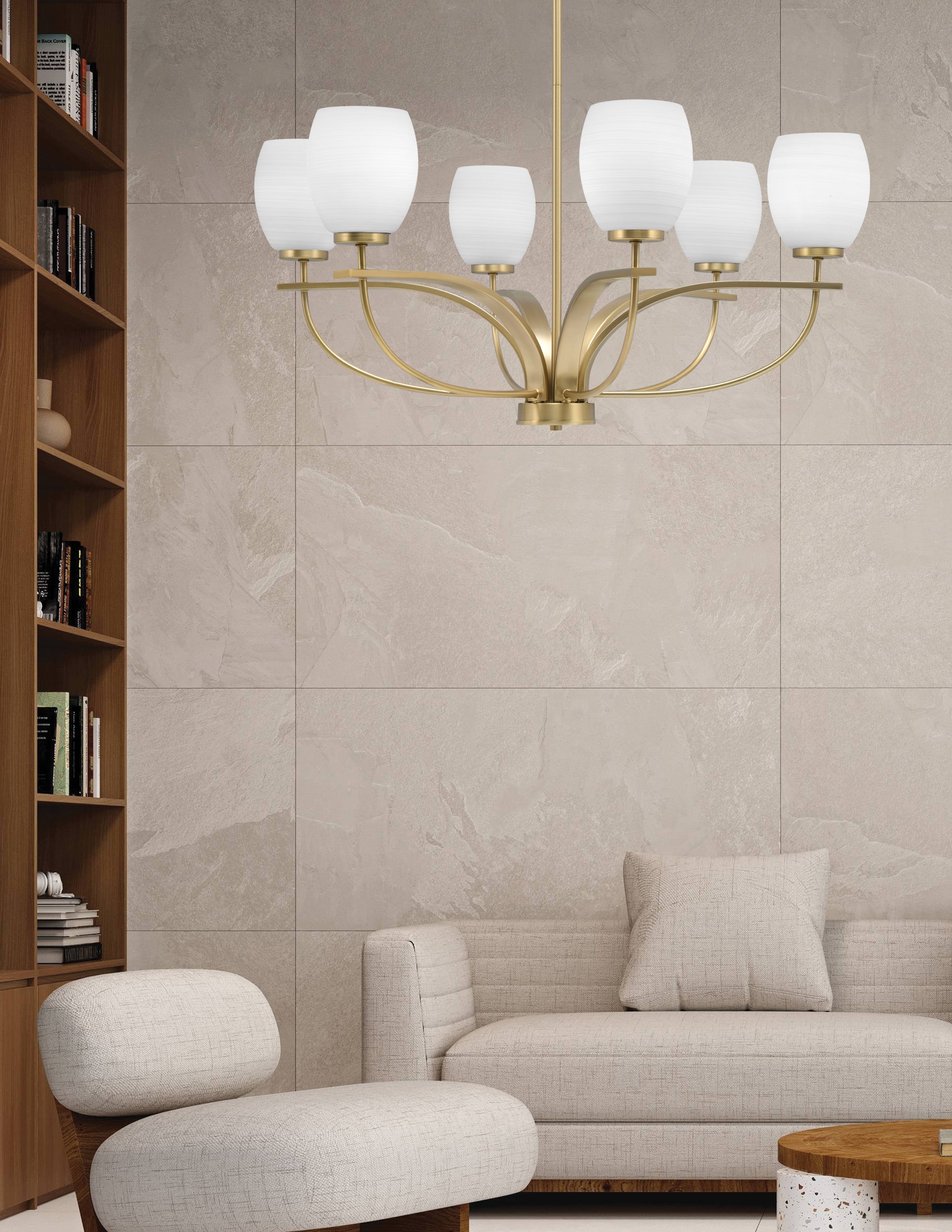 Cavella Six Light Chandelier in New Age Brass with 5" White Linen Shade