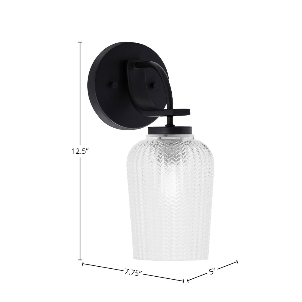 Cavella One Light Wall Sconce in Matte Black with 5" Clear Textured Shade