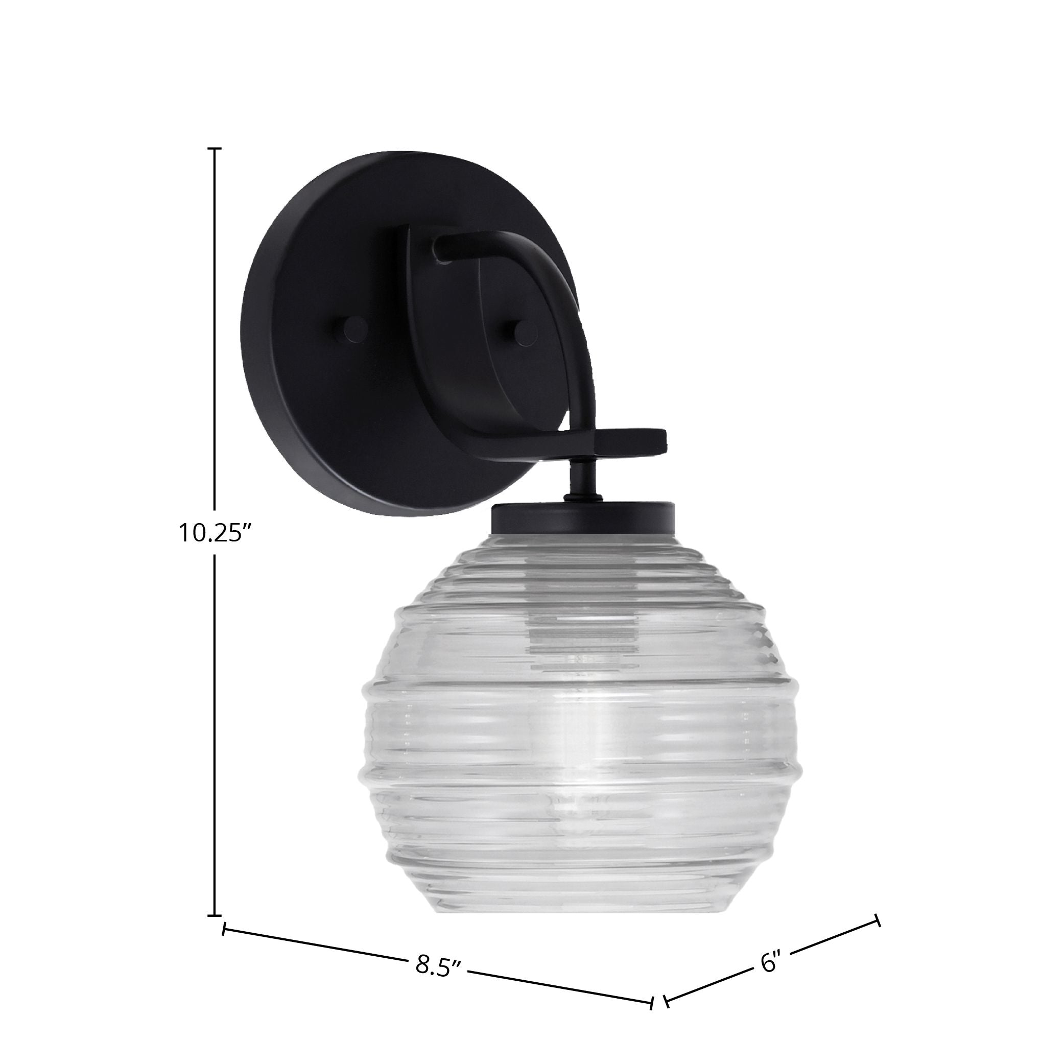 Cavella One Light Wall Sconce in Matte Black with 6" Clear Ribbed Shade