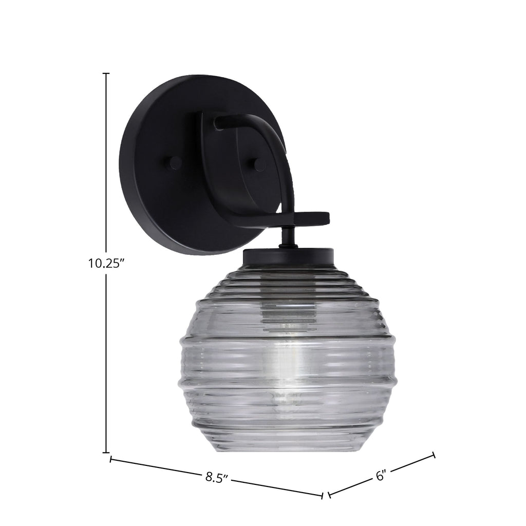 Cavella One Light Wall Sconce in Matte Black with 6" Smoke Ribbed Shade
