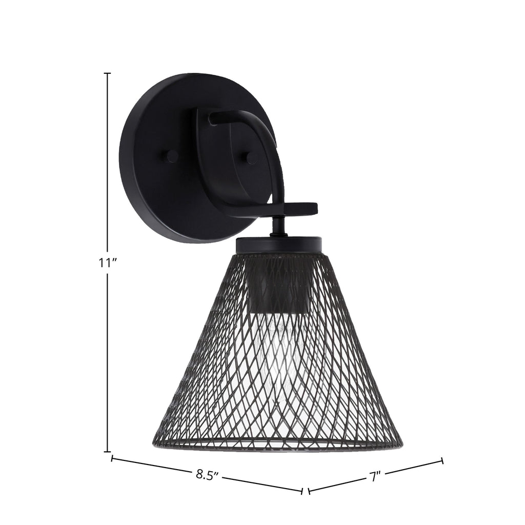 Cavella One Light Wall Sconce in Matte Black with 7"Matte Black Cone Mesh Metal Shade