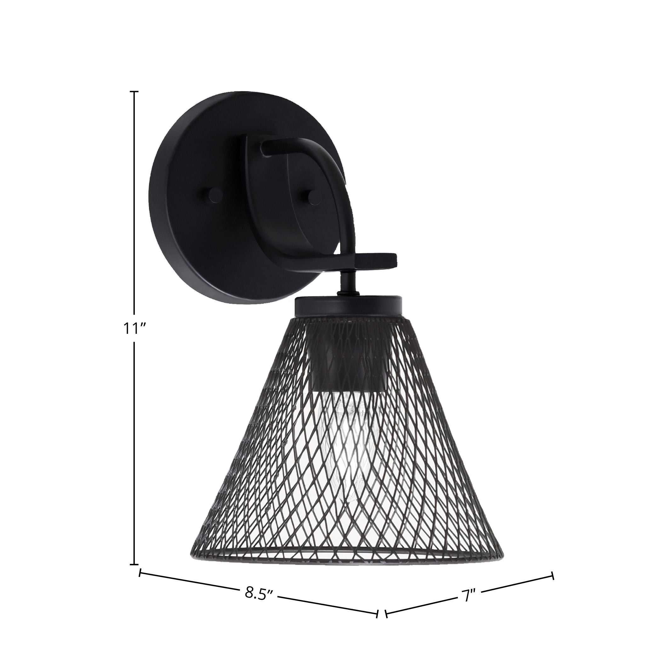 Cavella One Light Wall Sconce in Matte Black with 7"Matte Black Cone Mesh Metal Shade