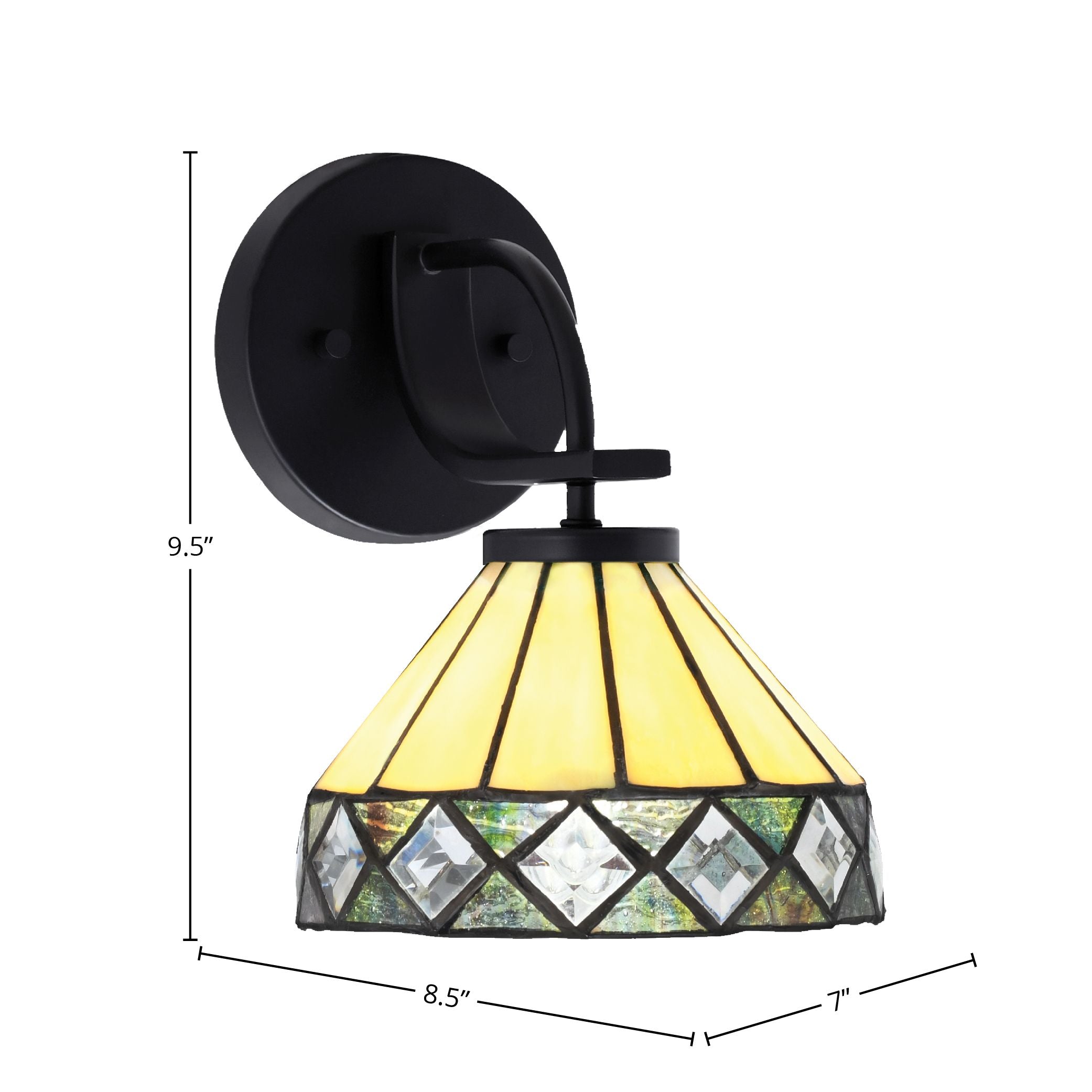 Cavella One Light Wall Sconce in Matte Black with 7" Diamond Peak Art Glass Shade