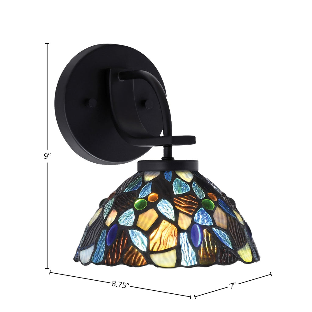 Cavella One Light Wall Sconce in Matte Black with 7" Blue Mosaic Art Glass Shade