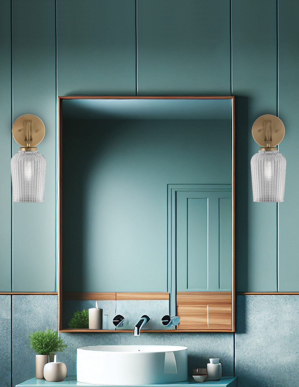 Cavella One Light Wall Sconce in New Age Brass with 5" Clear Textured Shade
