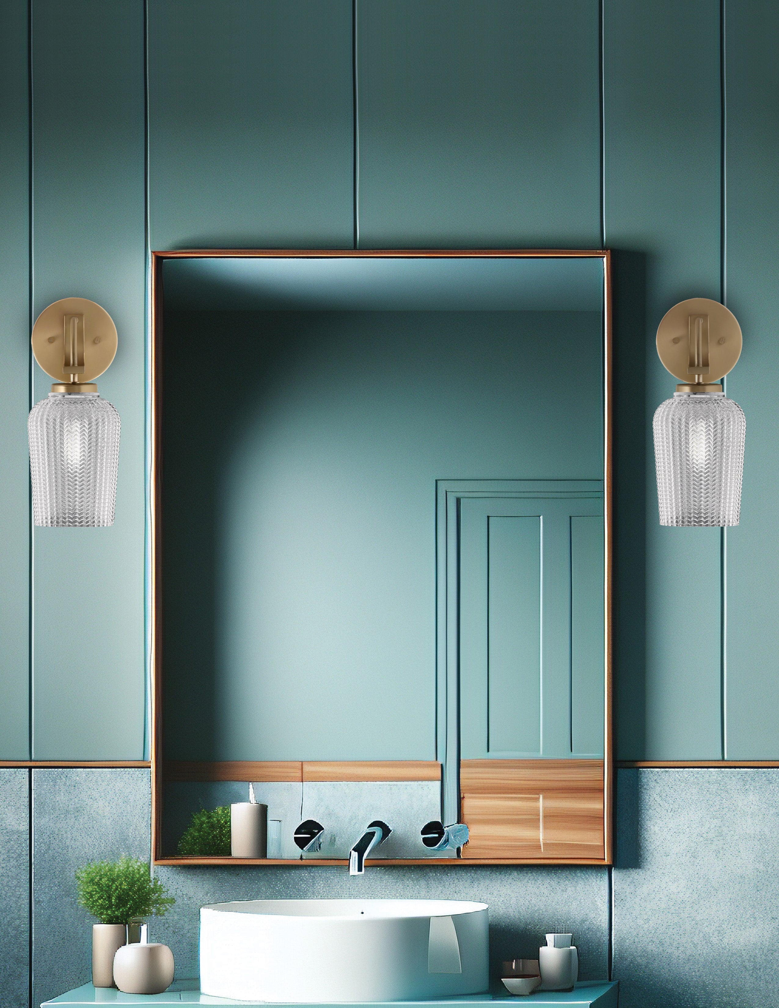 Cavella One Light Wall Sconce in New Age Brass with 5" Clear Textured Shade