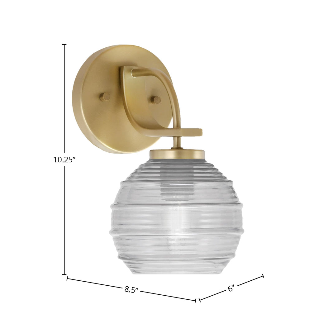 Cavella One Light Wall Sconce in New Age Brass with 6" Clear Ribbed Shade