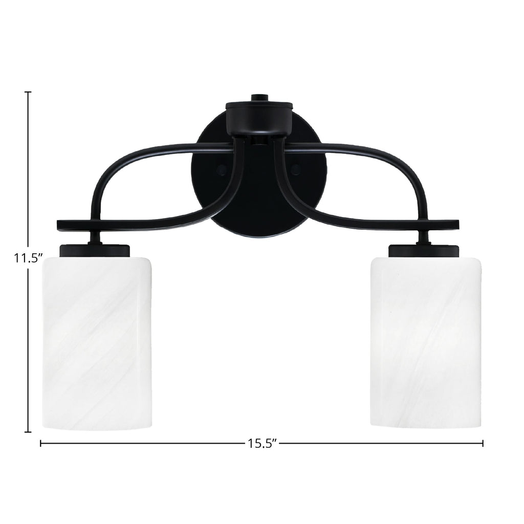 Cavella Two Light Bath Bar in Matte Black with 4" White Marble Shade