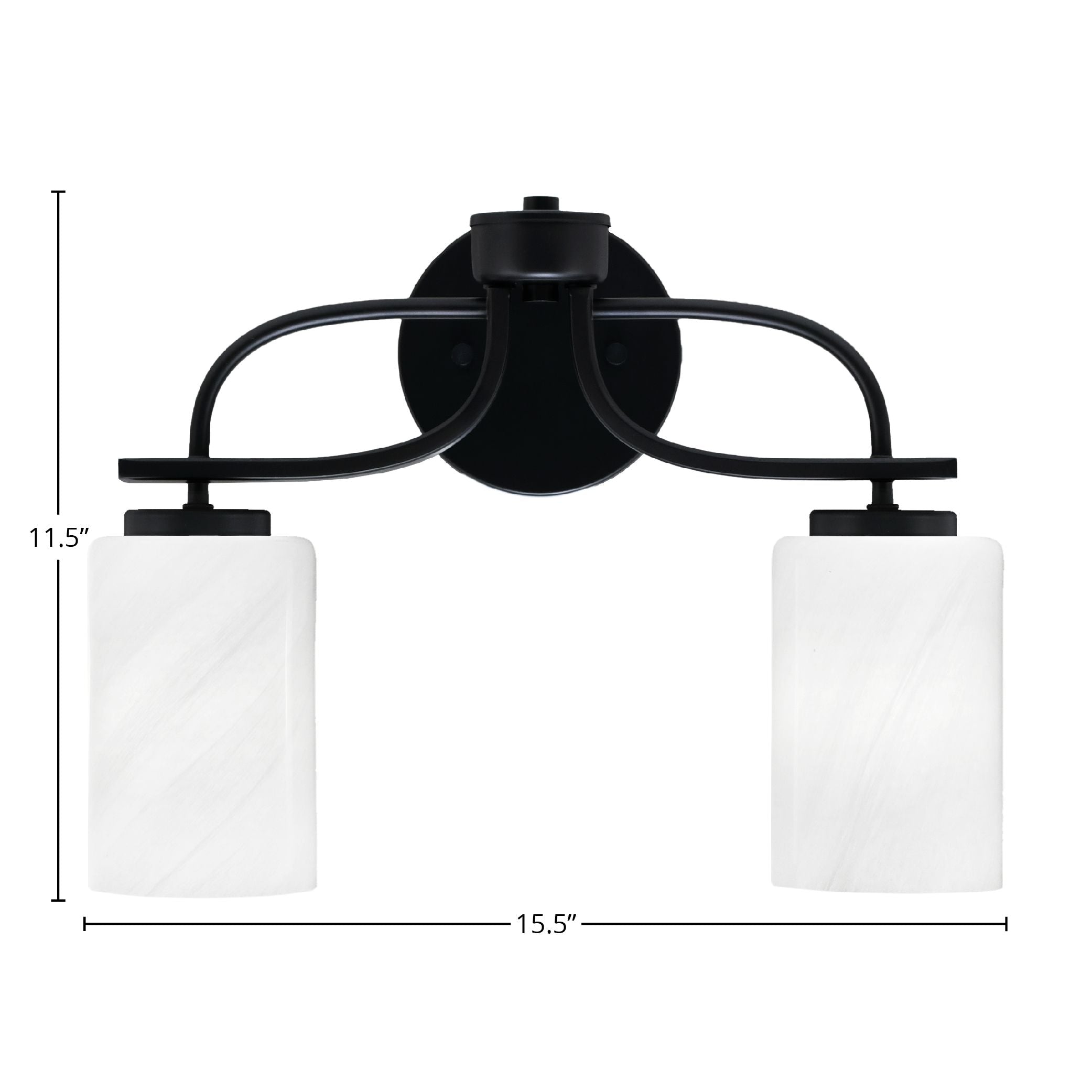 Cavella Two Light Bath Bar in Matte Black with 4" White Marble Shade