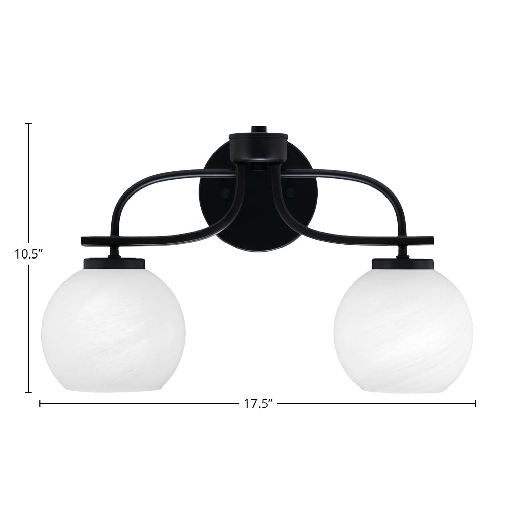 Cavella Two Light Bath Bar in Matte Black with 5.75" White Marble Shade