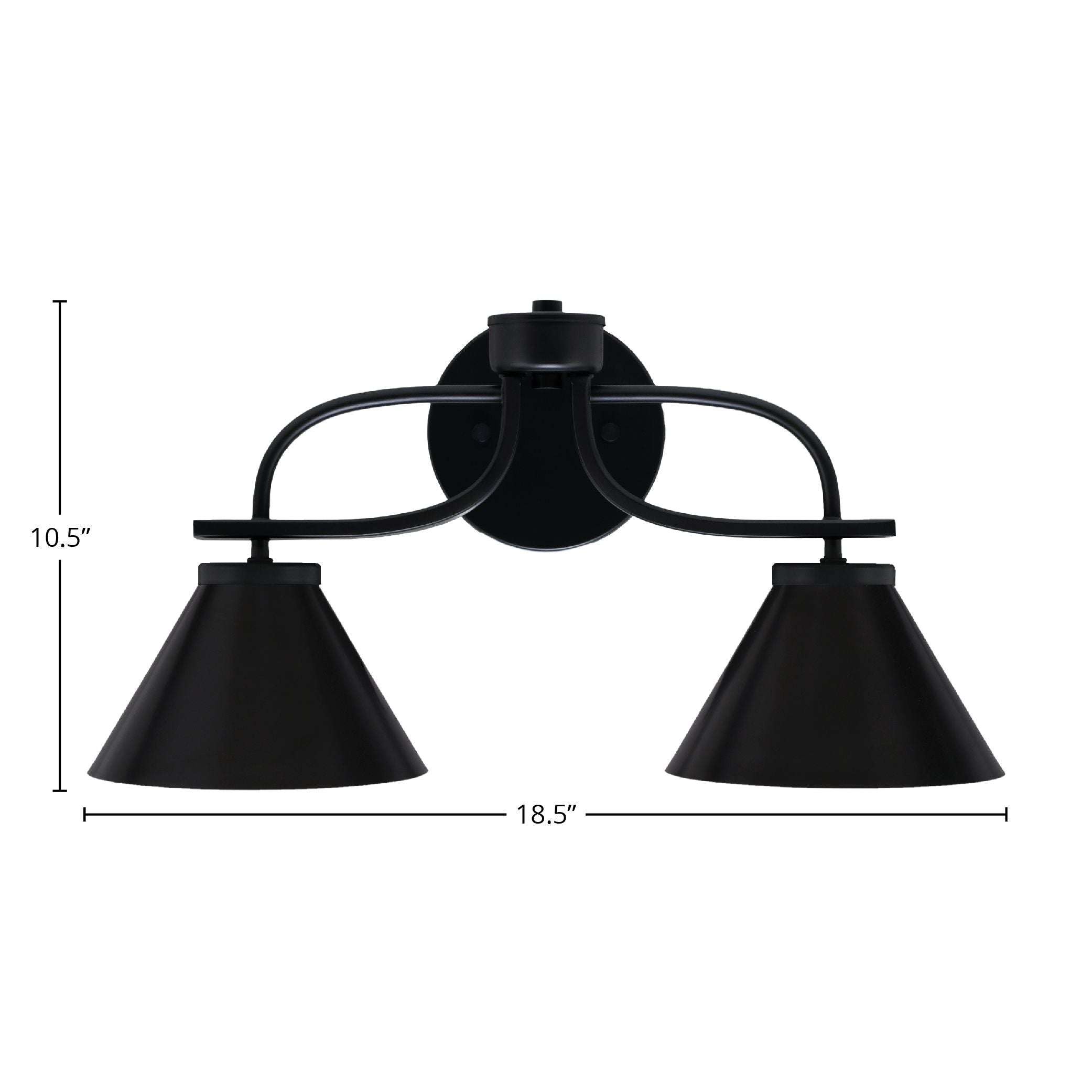 Cavella Two Light Bath Bar in Matte Black with 7" Matte Black Cone Metal Shade