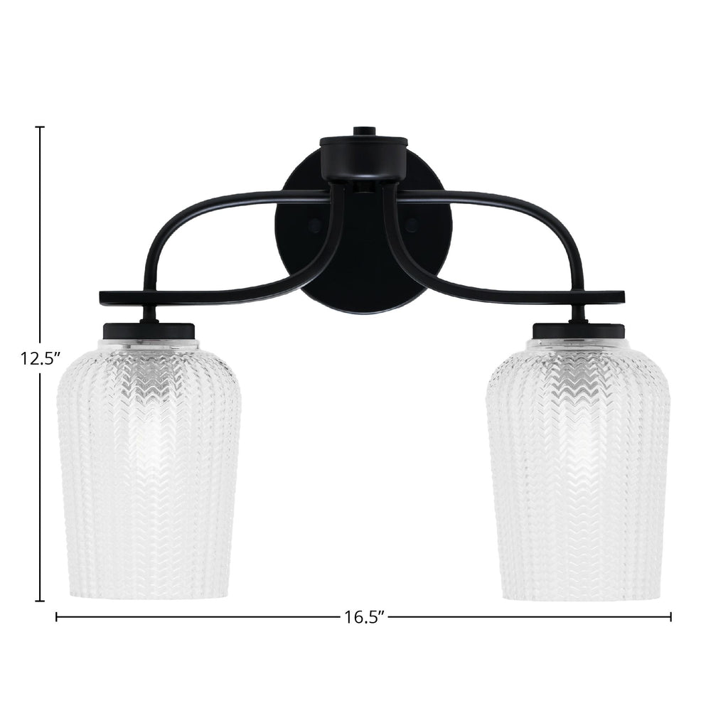 Cavella Two Light Bath Bar in Matte Black with 5" Clear Textured Shade